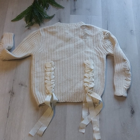 Moussy ribbon sweater beige chunky knit ripped - Picture 13 of 13